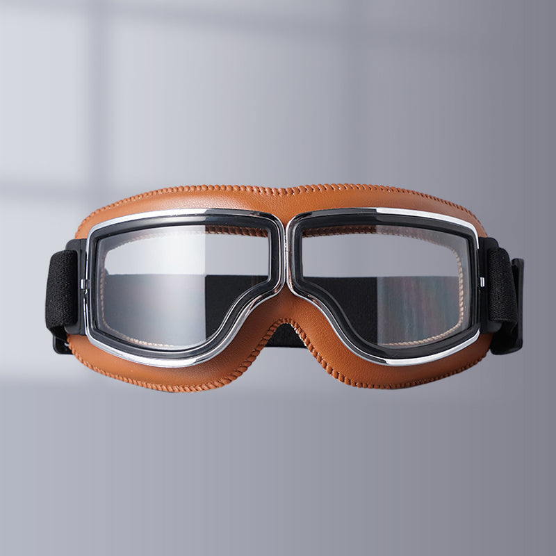 Motorcycle Goggles Leather Frame Polycarbonate Lenses & Adjustable Strap