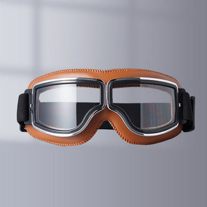 Motorcycle Goggles Leather Frame Polycarbonate Lenses & Adjustable Strap