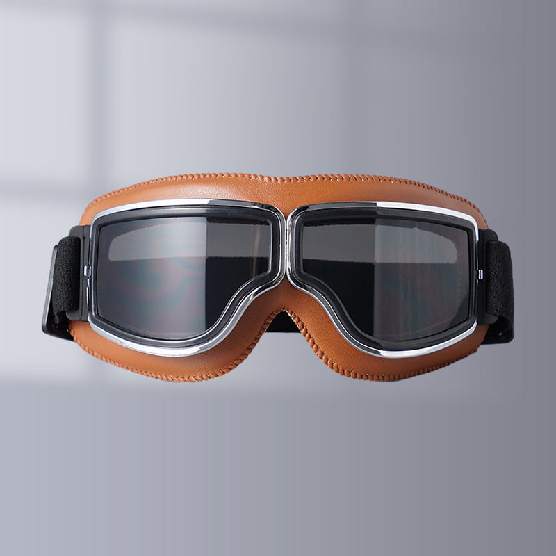Motorcycle Goggles Leather Frame Polycarbonate Lenses & Adjustable Strap