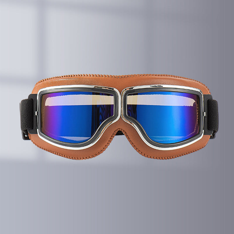 Motorcycle Goggles Leather Frame Polycarbonate Lenses & Adjustable Strap