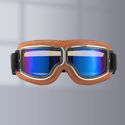 Motorcycle Goggles Leather Frame Polycarbonate Lenses & Adjustable Strap
