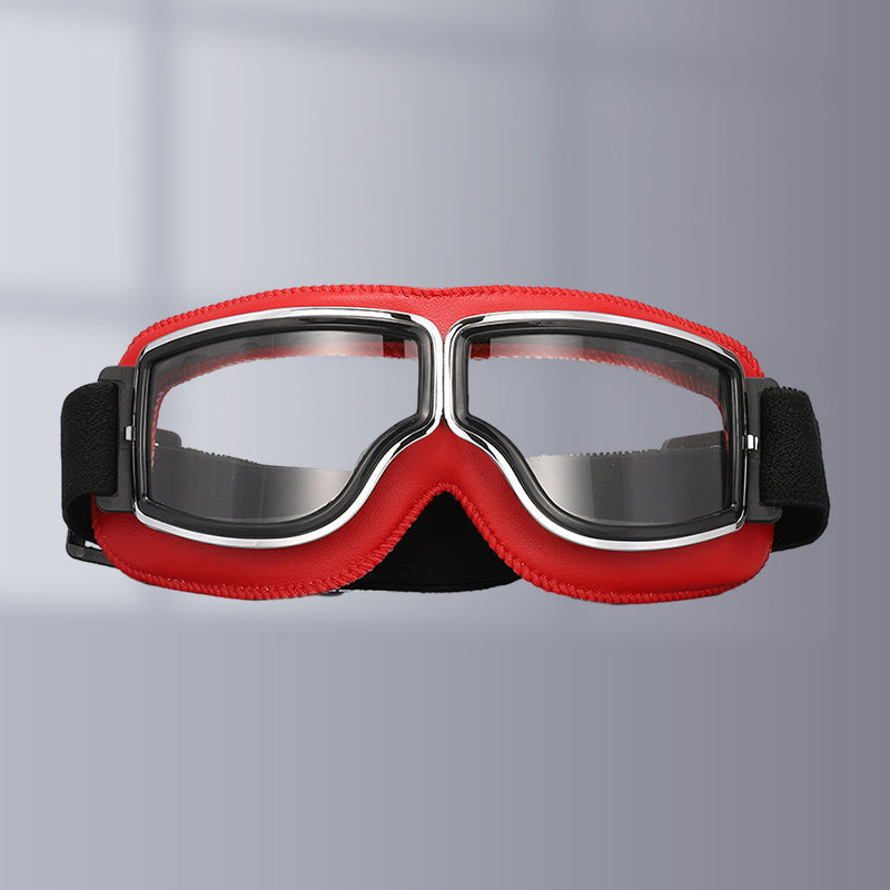 Motorcycle Goggles Leather Frame Polycarbonate Lenses & Adjustable Strap
