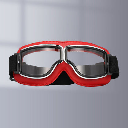 Motorcycle Goggles Leather Frame Polycarbonate Lenses & Adjustable Strap