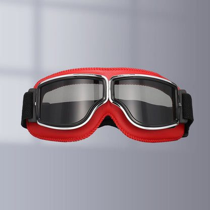 Motorcycle Goggles Leather Frame Polycarbonate Lenses & Adjustable Strap