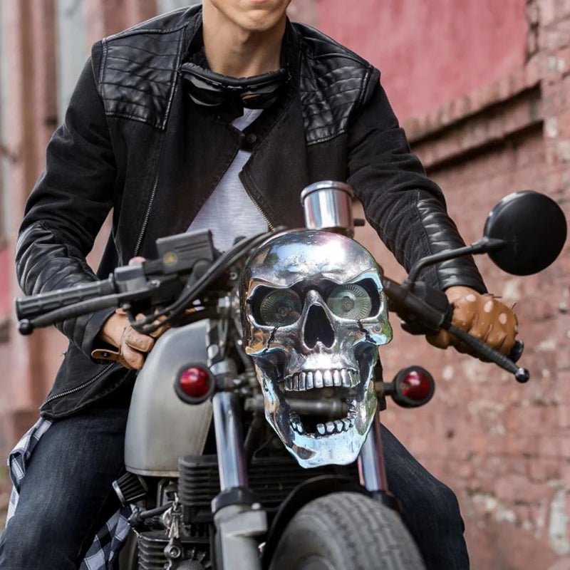 Motorcycle Headlight Skull Design Glowing LED Chrome Finish