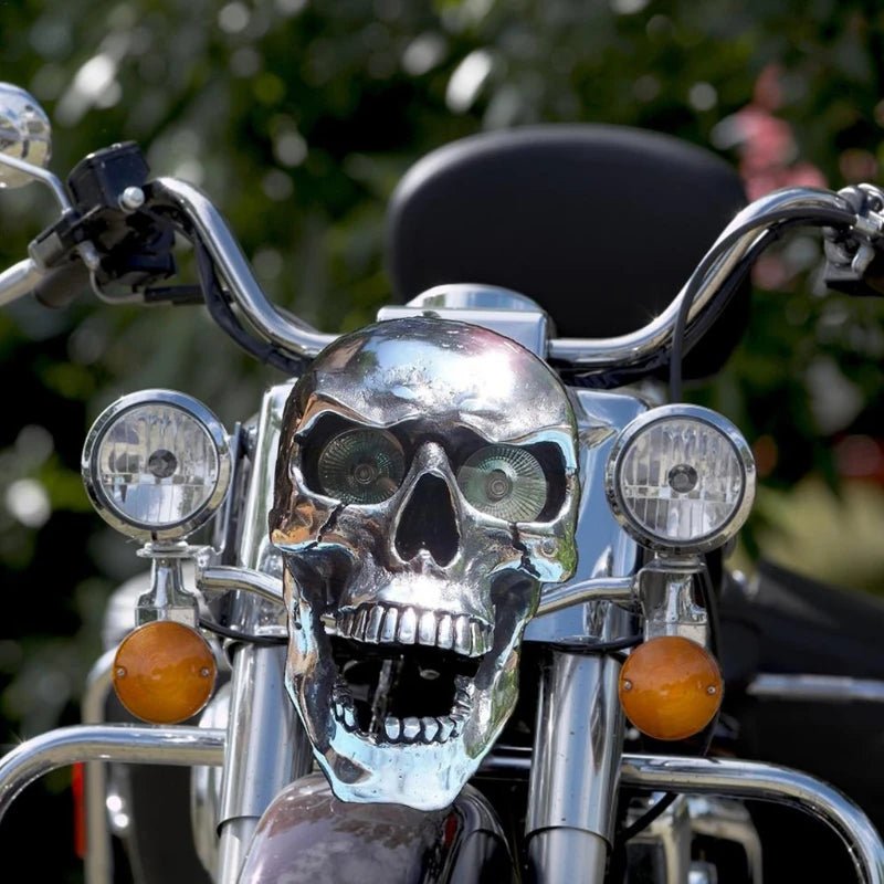 Motorcycle Headlight Skull Design Glowing LED Chrome Finish