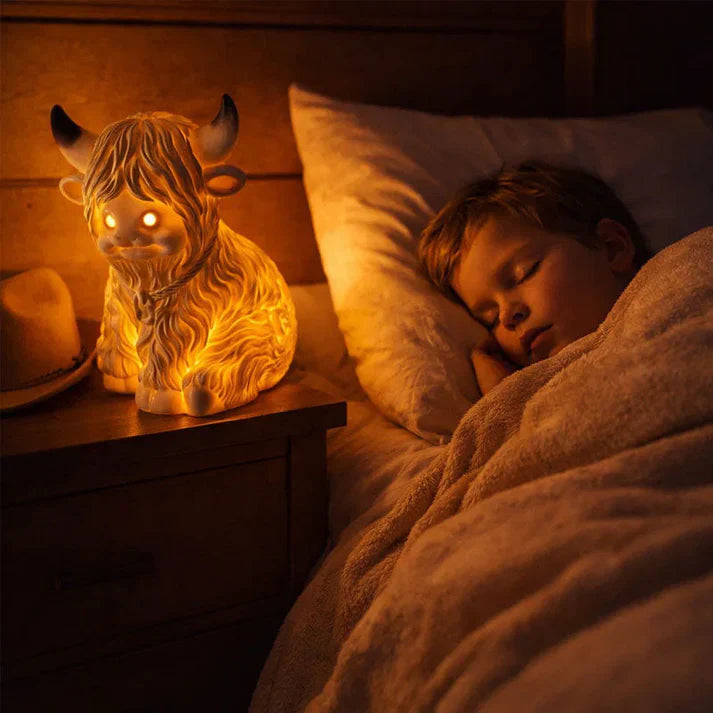 Night Light Highland Cow Resin Figurine Warm Amber 10 Cm