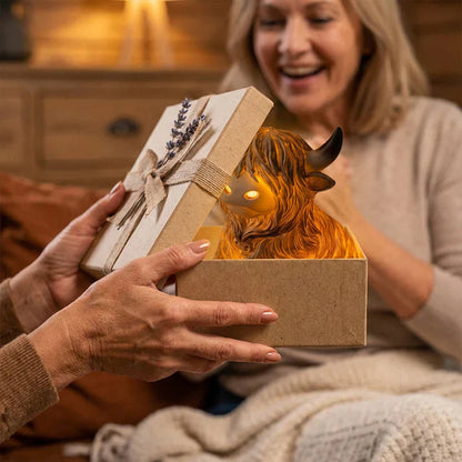 Night Light Highland Cow Resin Figurine Warm Amber 10 Cm