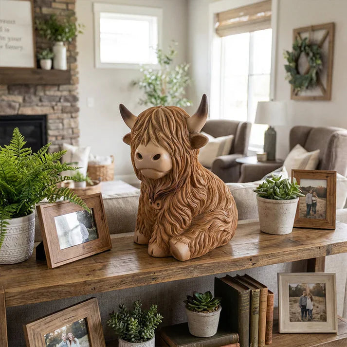 Night Light Highland Cow Resin Figurine Warm Amber 10 Cm