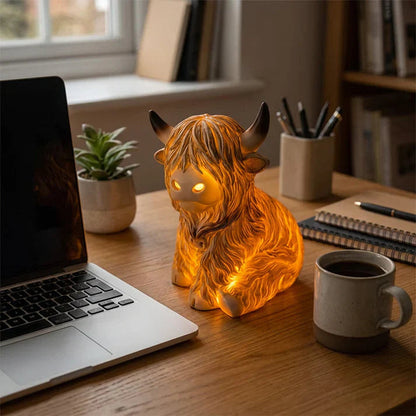 Night Light Highland Cow Resin Figurine Warm Amber 10 Cm
