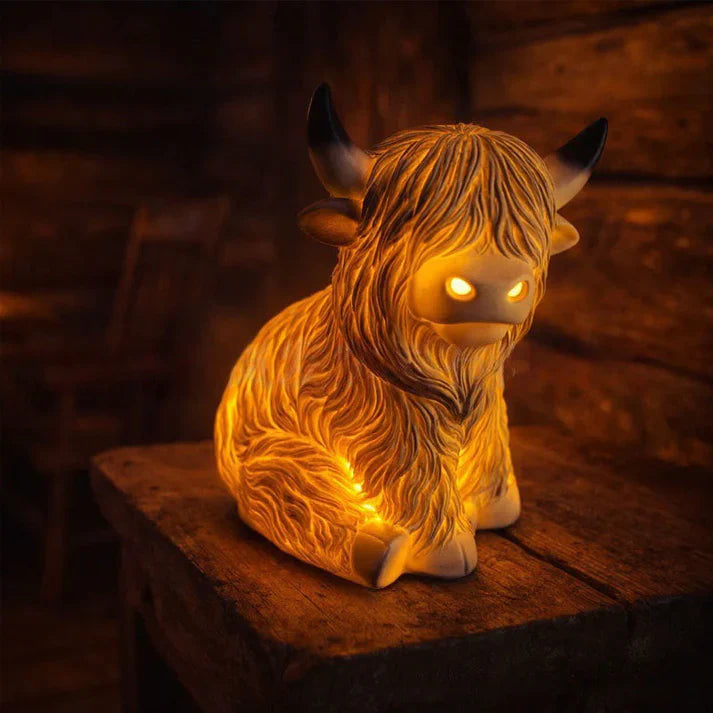 Night Light Highland Cow Resin Figurine Warm Amber 10 Cm