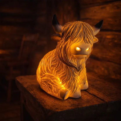 Night Light Highland Cow Resin Figurine Warm Amber 10 Cm