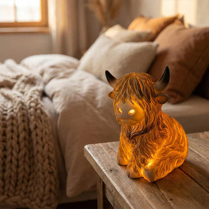 Night Light Highland Cow Resin Figurine Warm Amber 10 Cm