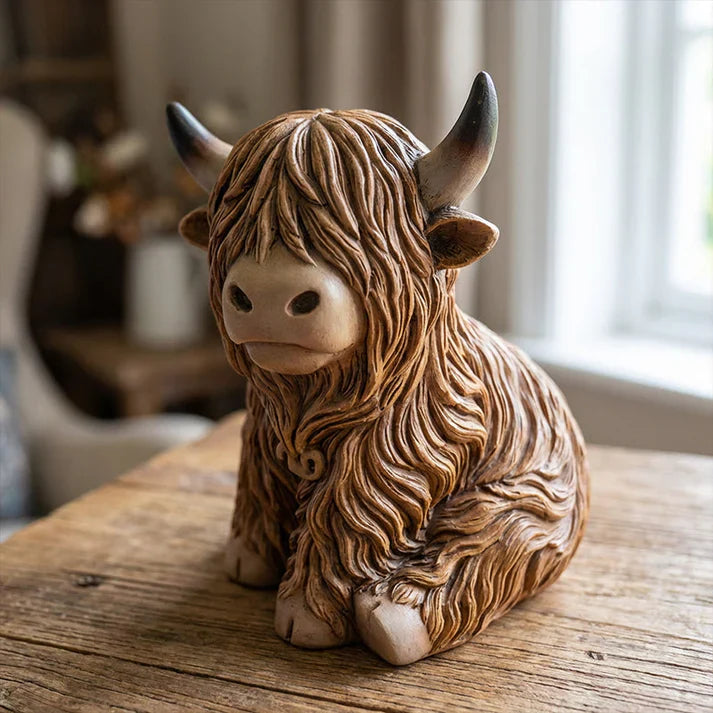 Night Light Highland Cow Resin Figurine Warm Amber 10 Cm