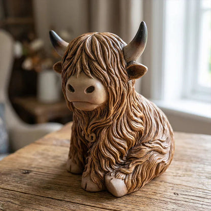 Night Light Highland Cow Resin Figurine Warm Amber 10 Cm