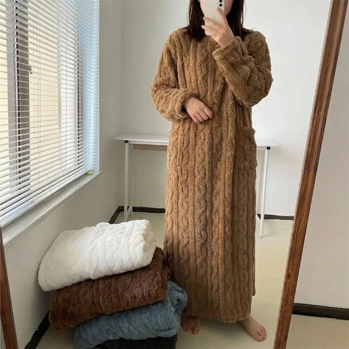 Nightgown Flannel Fleece Cable Knit Pockets