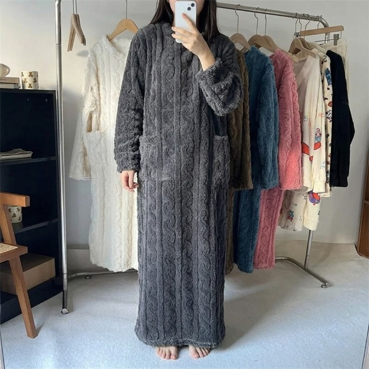 Nightgown Flannel Fleece Cable Knit Pockets