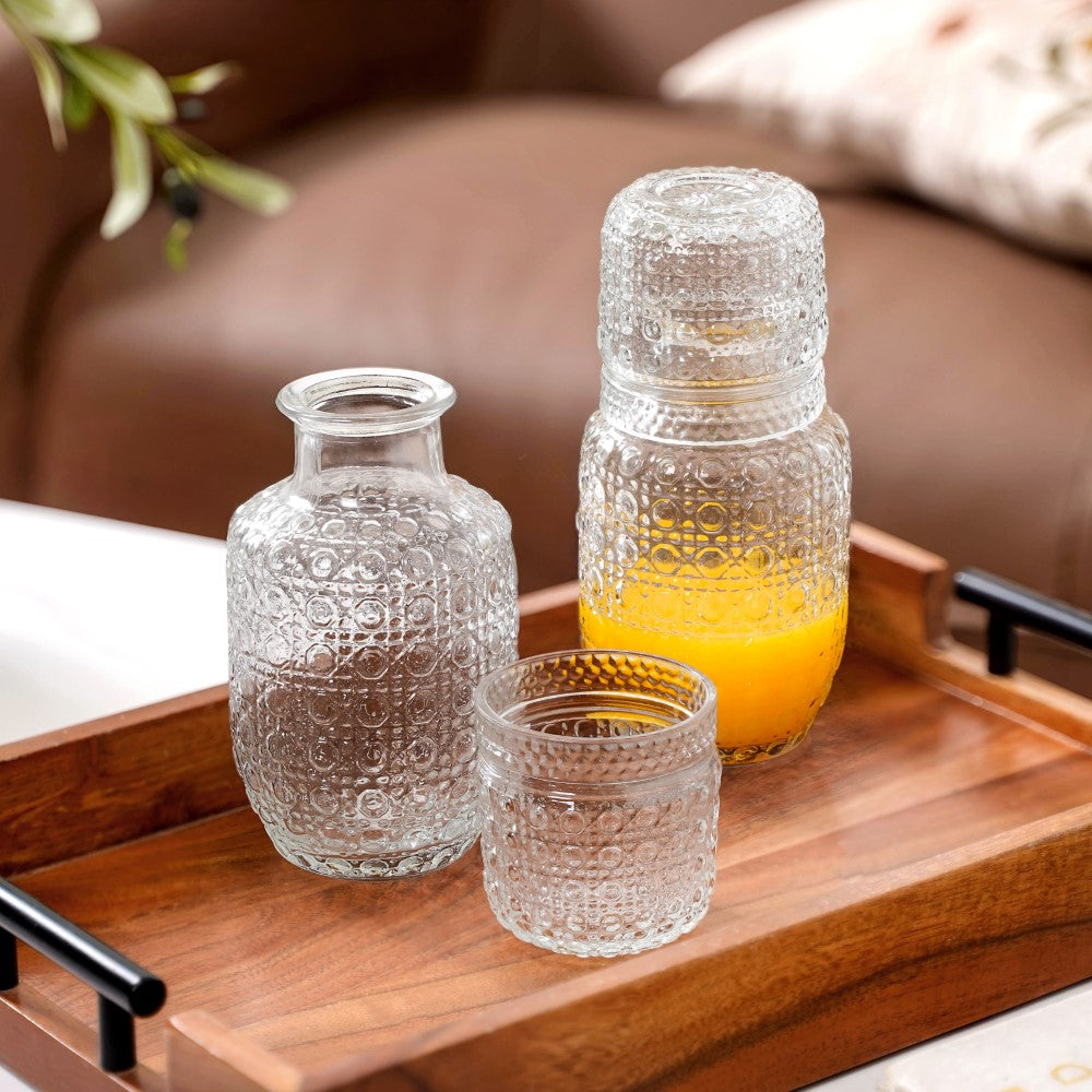 Nightstand Water Carafe Set Stackable Embossed Glass Lid