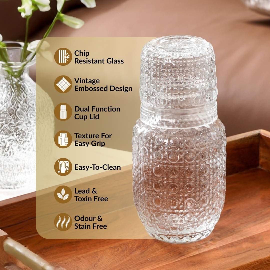 Nightstand Water Carafe Set Stackable Embossed Glass Lid