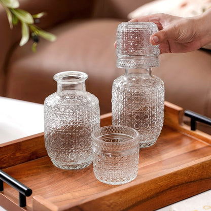 Nightstand Water Carafe Set Stackable Embossed Glass Lid