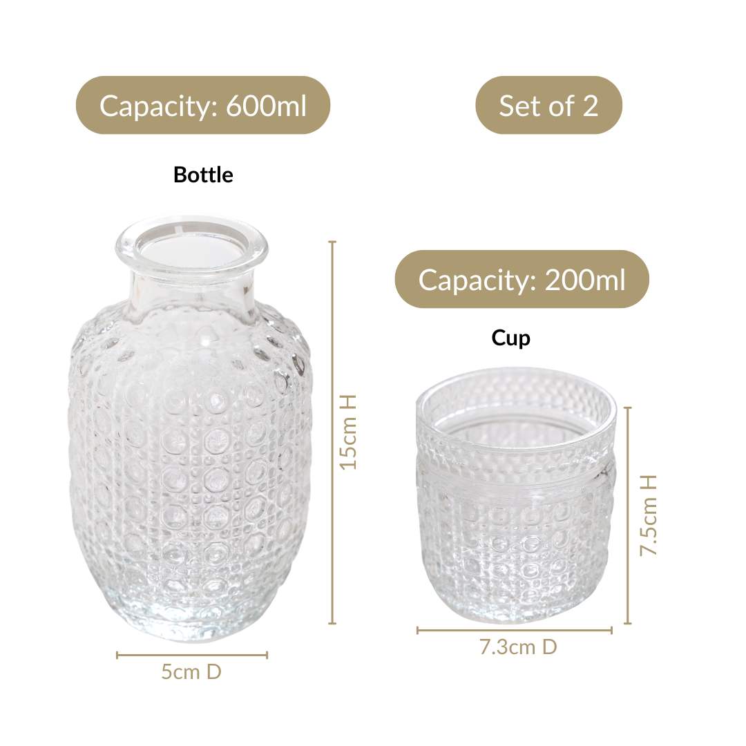Nightstand Water Carafe Set Stackable Embossed Glass Lid