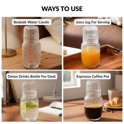 Nightstand Water Carafe Set Stackable Embossed Glass Lid