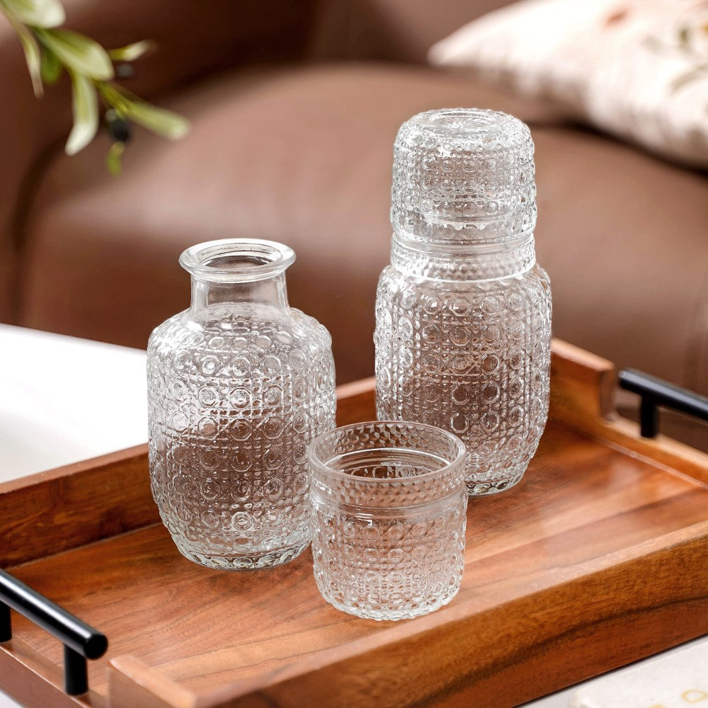 Nightstand Water Carafe Set Stackable Embossed Glass Lid