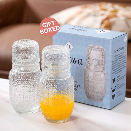 Nightstand Water Carafe Set Stackable Embossed Glass Lid