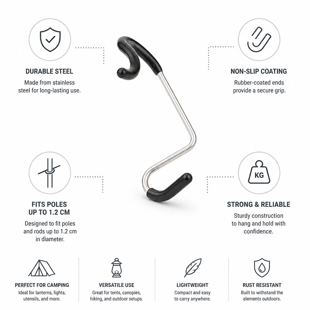 Non-Slip Rubber-Coated Stainless Steel Camping Hook (Fits Poles Up to 1.2 cm)