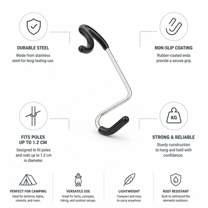 Non-Slip Rubber-Coated Stainless Steel Camping Hook (Fits Poles Up to 1.2 cm)