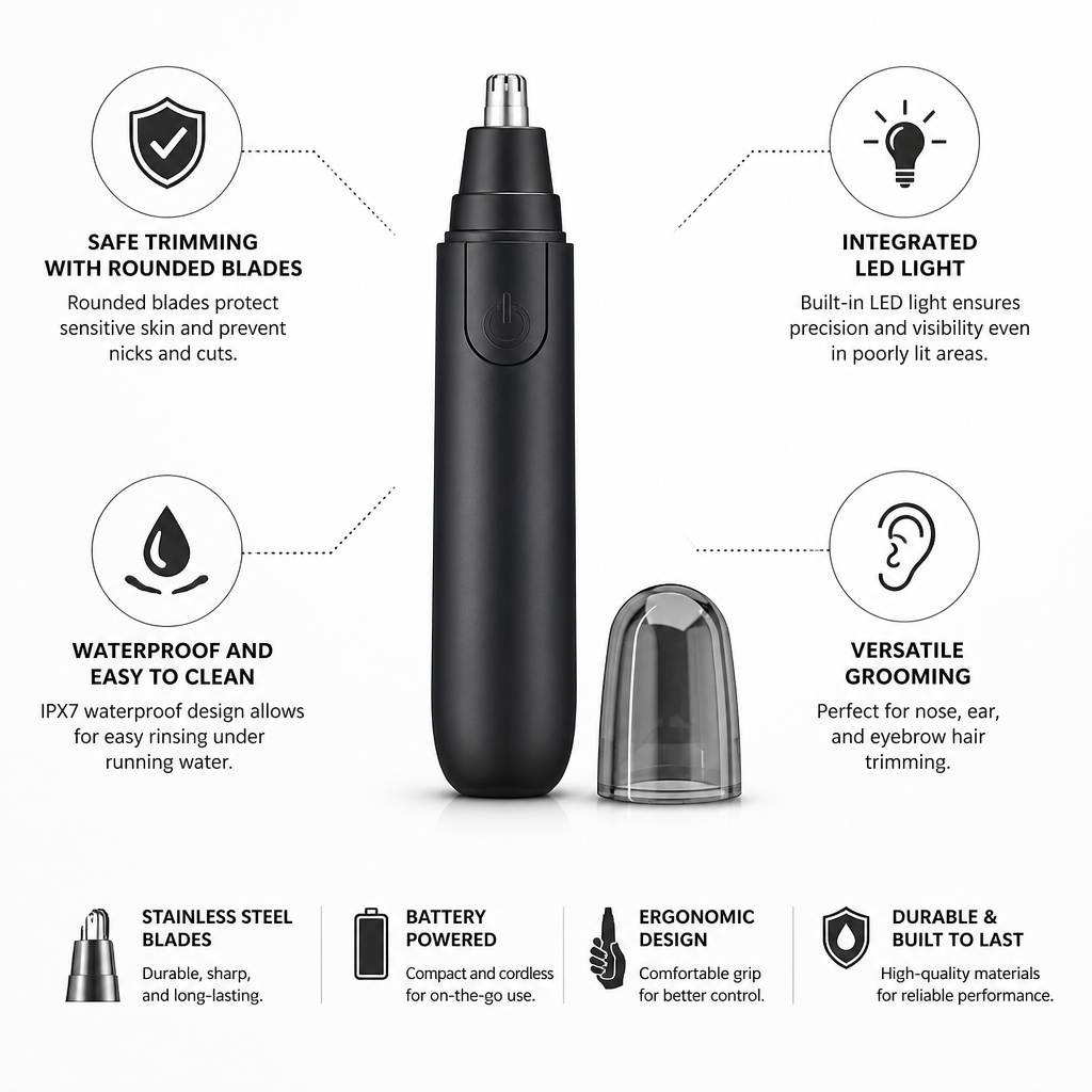 Nose & Ear Trimmer Waterproof LED Stainless Steel Blades
