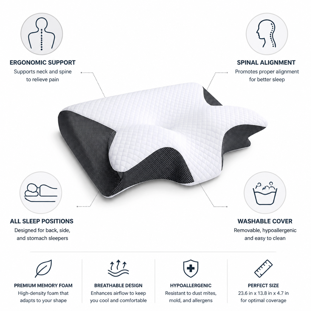 Orthopedic Pillow Ergonomic Contour Memory Foam & Washable Cover