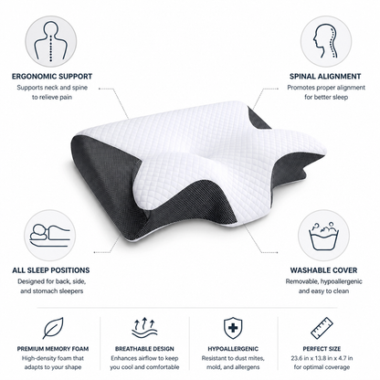 Orthopedic Pillow Ergonomic Contour Memory Foam & Washable Cover