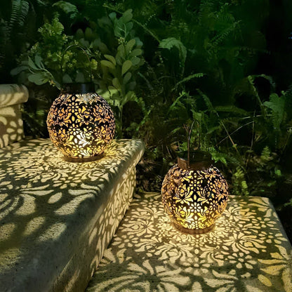 Outdoor Solar Hanging Lamp Metal Globe Warm White LED Weatherproof