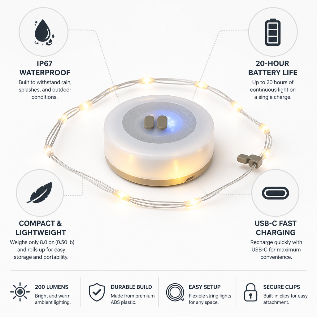Outdoor String Lights IP67 Waterproof 20-Hour Battery