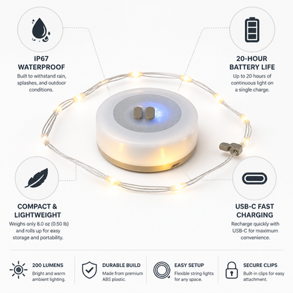 Outdoor String Lights IP67 Waterproof 20-Hour Battery