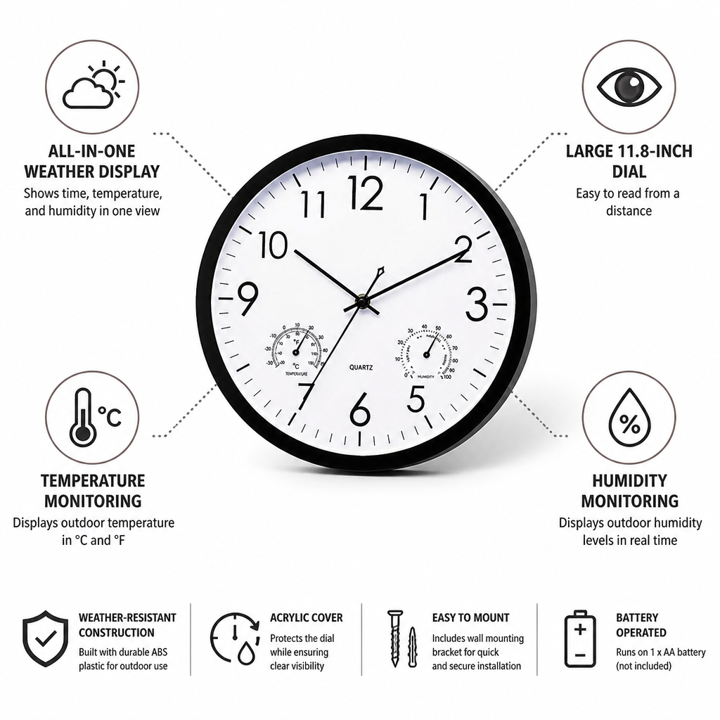 Outdoor Wall Clock 30 cm Time Temperature & Humidity