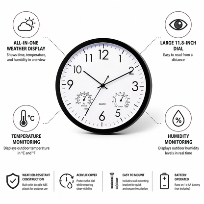 Outdoor Wall Clock 30 cm Time Temperature & Humidity