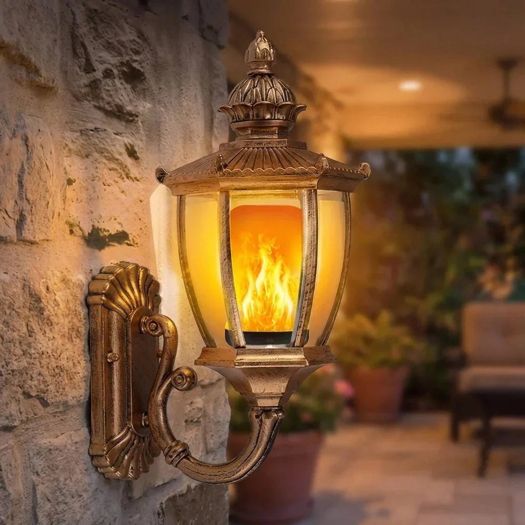 Outdoor Wall Lantern Flickering Flame LED Weatherproof Antique Gold