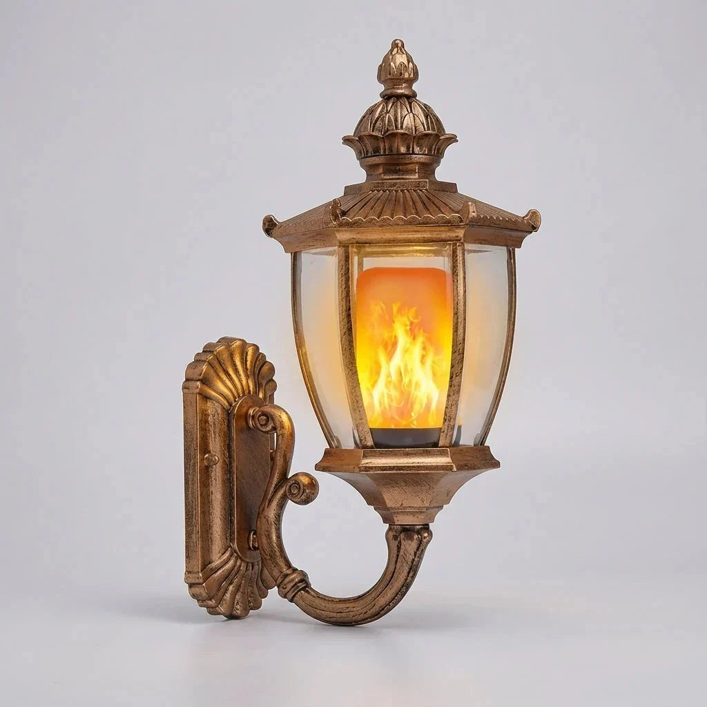 Outdoor Wall Lantern Flickering Flame LED Weatherproof Antique Gold
