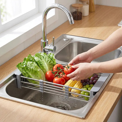 Over-Sink Draining Basket Extendable Stainless Steel Non-Slip