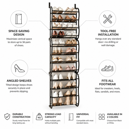 Over The Door Shoe Rack Angled Shelves 36 Pairs