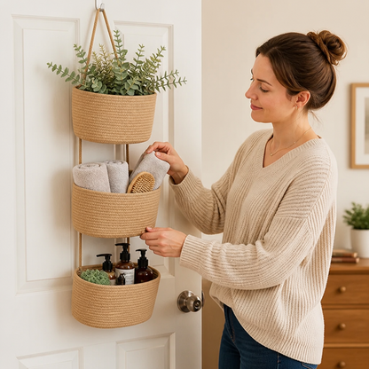 Over-the-Door Organizer 3-Tier Handwoven Cotton Baskets