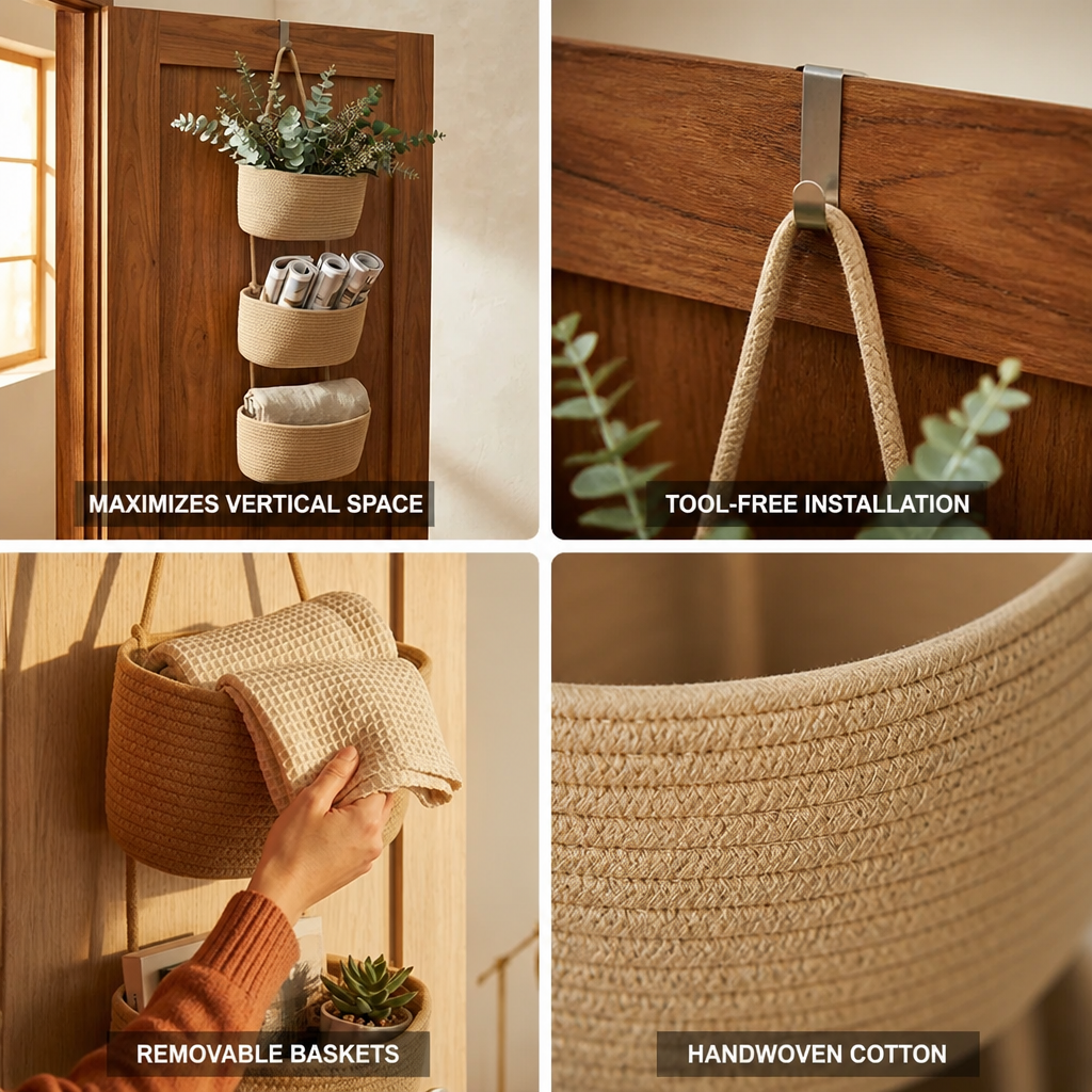 Over-the-Door Organizer 3-Tier Handwoven Cotton Baskets