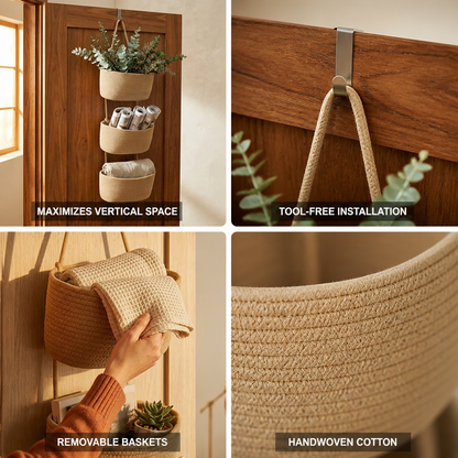 Over-the-Door Organizer 3-Tier Handwoven Cotton Baskets