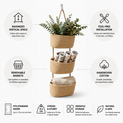 Over-the-Door Organizer 3-Tier Handwoven Cotton Baskets