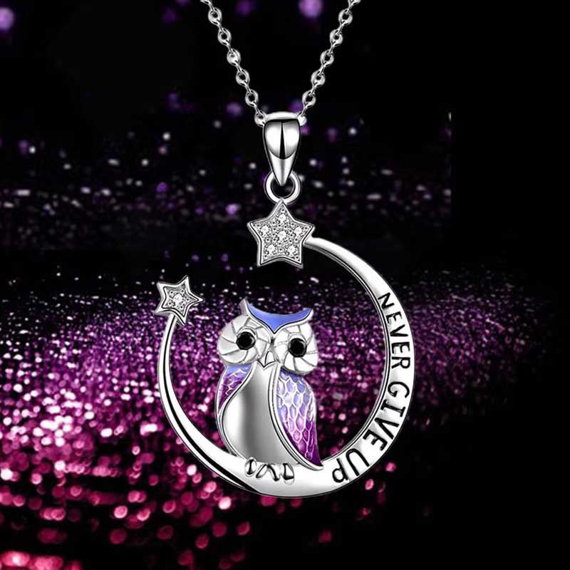 Owl Pendant Necklace Engraved Never Give Up Nickel-Free