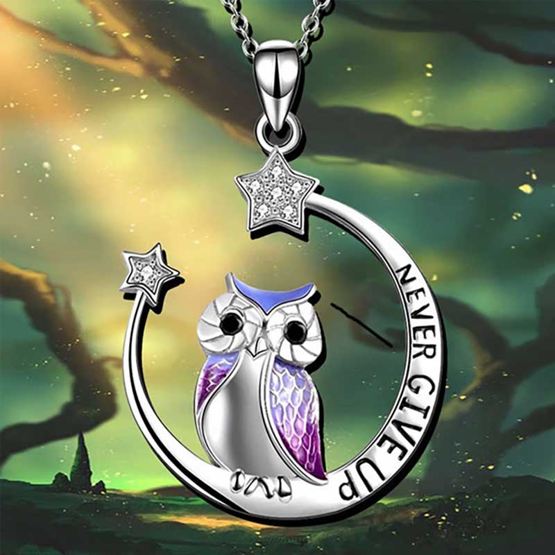 Owl Pendant Necklace Engraved Never Give Up Nickel-Free