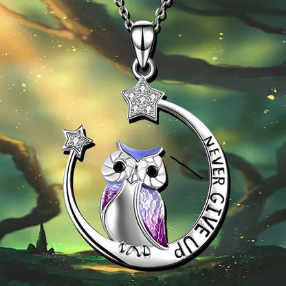 Owl Pendant Necklace Engraved Never Give Up Nickel-Free