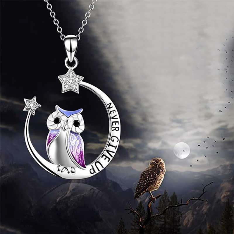 Owl Pendant Necklace Engraved Never Give Up Nickel-Free